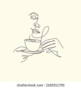 Woman with coffee mug cup line art. Abstract girl with cup minimal logo. Cafe logo. Continuous one line drawing. Woman relaxing with cup of tea. Vector illustration