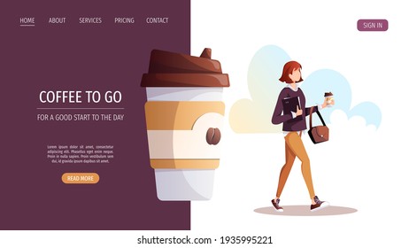 Woman with coffee in paper cup. Coffee shop, drink, cafe-bar, coffee to go concept. Vector illustration for poster, banner, website. 