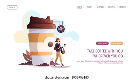 Woman with coffee in paper cup. Coffee shop, drink, cafe-bar, coffee to go concept. Vector illustration for poster, banner, website. 