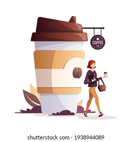 Woman with coffee in paper cup. Coffee shop, drink, cafe-bar, coffee to go concept. Isolated vector illustration for poster, banner, card, cover. 