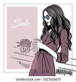 woman with coffee sale banner
