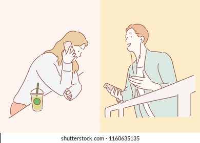 The woman in the coffee shop and the man on the terrace are talking to each other. hand drawn style vector design illustrations.