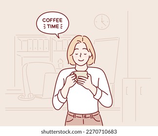 Mujer con café, caricatura de personajes de la gente disfruta de tiempo libre. Ilustraciones de diseño vectorial de estilo dibujado a mano.