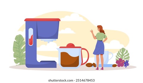 Woman with coffee time. Young girl near coffee machine and mug with hot drink. Aroma and beverage. Espresso, cappuccino and mocaccino. Flat vector illustration isolated on white background