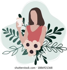 Woman with coffee Vector illustration in flat style, abstract girl with floral background