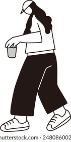 Woman with coffee, walking, vector line drawing