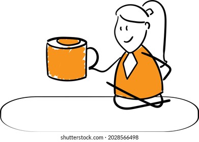 Woman with coffee working with laptop at home office concept. Teleconference and online business call Looking at Computer and Talking with Colleagues Online.isolated vector illustration doodle