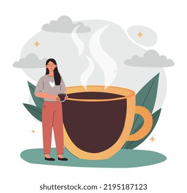 Woman with coffee. Young girl near large mug with hot drink. Refreshing tea, morning rituals and lunch break. Poster or banner for website. Americano and espresso. Cartoon flat vector illustration