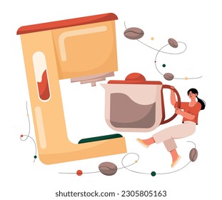 Woman with coffee. Young girl near machine and grains with mug of hot drink. Cappuccino and Mochachino, americano. Beverage and aroma. Refreshing tasty liquid. Cartoon flat vector illustration