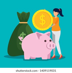 woman with coin and money bag with piggy