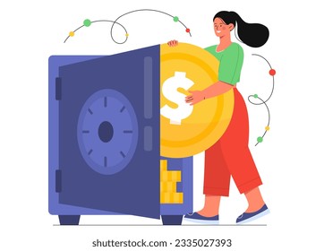 Woman with coin near safe. Financial literacy, savings and budget concept. Cash ecurity and protection. Young girl with money. Luxury and wealth. Cartoon flat vector illustration