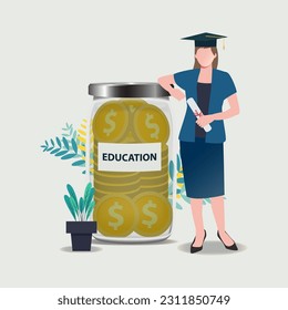 Woman with coins on transparent glass jar. Saving for EDUCATION, studying economics and money concept vector illustration