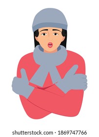 The woman is cold with hat and scarf vector illustration. Girl get sick sneezing from flu. Healthcare and winter concept. Freezing woman in winter cloth standing isolated on a white background 