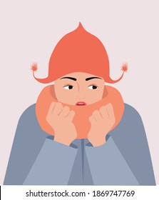 The woman is cold with hat and scarf vector illustration. Girl get sick sneezing from flu. Healthcare and winter concept. Freezing woman in winter cloth standing isolated on a white background 