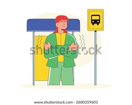 Woman is cold and sick while waiting for the bus, not feeling well.Design character. Vector flat illustration