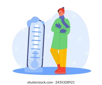 Woman with cold temperature. Young girl in green coat and yellow pants. Character in snow. Person in winter season near thermometer. Cartoon flat vector illustration isolated on white background