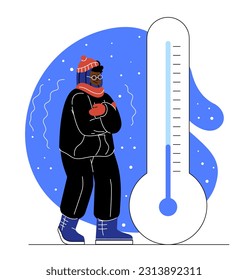 Woman in cold weather concept. Young girl freezing in winter jacket and hat with gloves near thermometer with low temperature indicator. Character in winter season. Cartoon flat vector illustration