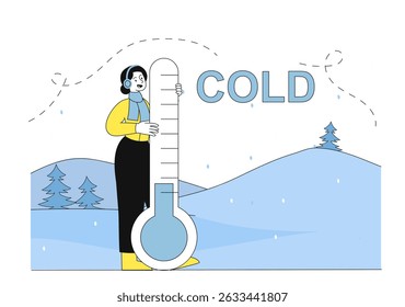 Woman in cold weather. Young girl in warm clothes with thermometer near snowdrift. Person in warm jacket. Winter season scene. Snow and low temperatures. Flat vector illustration