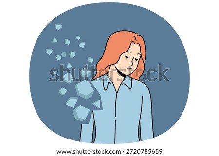 Woman with collapsing inner world needs help of psychotherapist and stands near flying fragments of own body. Concept of destruction of human soul caused by lack of moral guidelines in society