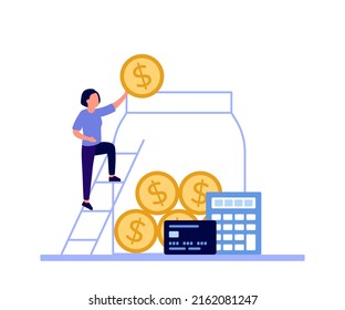 Woman collect money salary into huge glass jar for save coin and make profit. Golden coins for savings, save in account, invest. Finance budget economy. Vector illustration
