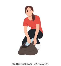 Woman collecting garbage in bag save ecology and nature concept. Vector girl gather trash litter into pack, volunteer, activist worker pick up bottles. Flat vector illustration isolated on white backg