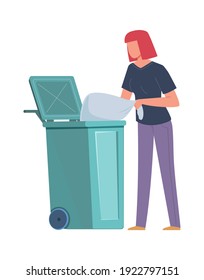 Woman collecting garbage. Girl throws trash bag into dumpster, volunteers pollution protect and recycle, environment care, sorting and recycling waste concept flat vector cartoon isolated illustration