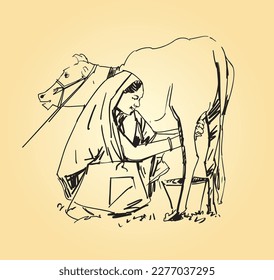 Woman collecting milk from a cow. Hand drawn vector 2d illustration. Farmer is farming cattle in farm house.