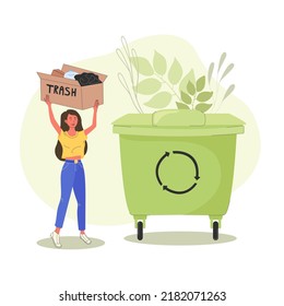 Woman collecting plastic trash into recycling garbage bin, trying to save planet earth. Flat cartoon vector illustration about Sustainable lifestyle.