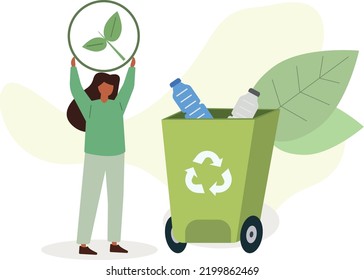 woman collecting plastic trash into recycling garbage bin,