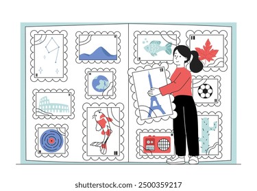 Woman collecting stamp. Young girl pastes postage stamps into book. Collector and philatelist with photo album and scrapbook, portfolio. Linear vector illustration isolated on white background