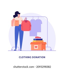 Woman collecting sweater in donation box. Girl holding donation clothes for poor people. Concept of clothing donations, volunteer help, donate clothes. Charity campaign vector flat illustration