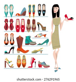Woman with collection of  shoes on white background. Shopping Time. Vector illustration