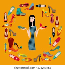 Woman with collection of  shoes. Shopping Time. Vector illustration