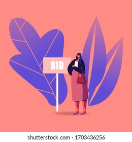 Woman Collector Buy Assets in Internet Using Online Platform. Female Character Stand at Bid Banner during Online Auction Buying Arts. Business, Commerce Deal, Charity. Cartoon Vector Illustration