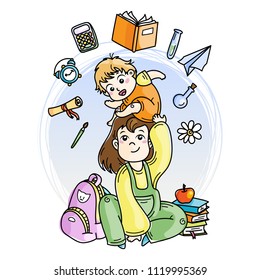 Woman collects a baby in a kindergarten. Vector illustration for books, prints, posters, cards.