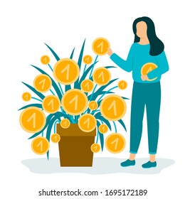 Woman collects coins. Business investment profit. Revenue and income metaphor. Character businesswoman picking cash from money plant. Investor strategy, financing concept. Vector illustration isolated