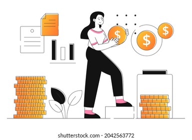Woman collects gold coins. Female character saves money and creates financial reserve. Deposit in bank. Family budget. Cartoon contemporary flat vector illustration isolated on white background