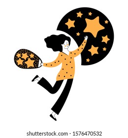 Woman collects stars from the sky. Catch the luck star. Cartoon illustration of a woman reaching for the stars looking for success or catching dreams. Business concept feedback from customers. Like