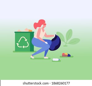 Woman collects trash in a reusable bag. Concept of eco friendly lifestyle, cleaning, gathering, clean up, collecting trash, sorting waste, save nature. Vector illustration in flat design