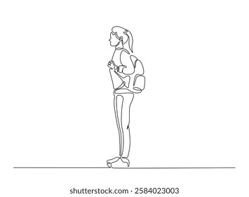 Woman from college or university with backpack in continuous one line drawing. Highschool woman student with backpack concept line draw. Editable vector.