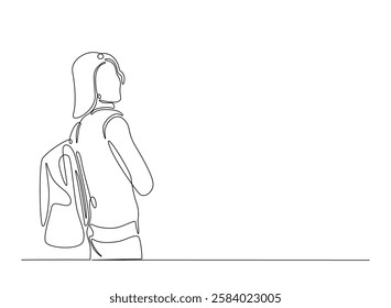 Woman from college or university with backpack in continuous one line drawing. Highschool woman student with backpack concept line draw. Editable vector.