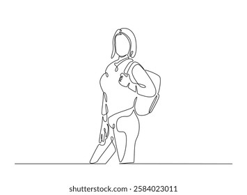 Woman from college or university with backpack in continuous one line drawing. Highschool woman student with backpack concept line draw. Editable vector.