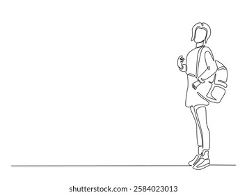 Woman from college or university with backpack in continuous one line drawing. Backpacker and student concept line draw. Editable vector.