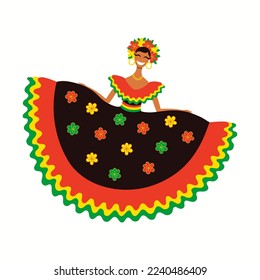 Woman in Colombian carnival traditional Garabato dance costume, isolated on white. Hand drawn cartoon character vector illustration. Barranquilla concept, design element for poster, flyer, banner