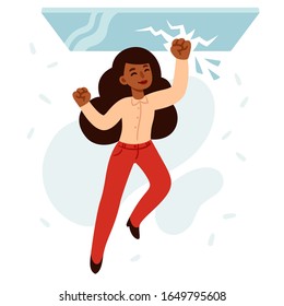 Woman Of Color Breaking Through Glass Ceiling. Successful Black Business Women, Cute Cartoon Vector Illustration In Simple Modern Hand Drawn Flat Style.