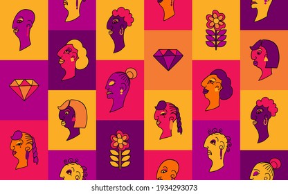 Woman of color series. Faces on vibrant background. Vector seamless pattern cartoon style.