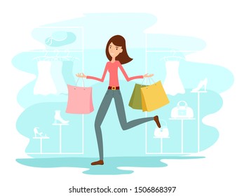 Woman with colored shopping bags in her hands. Concept of a store sale. Happy girl with paper packages and showcases in the background. Vector illustration can be used for sales design, shops, banners