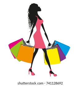 Woman with colored shopping bags vector illustration