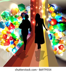 Woman with Colorful 3d glass cubes in background.