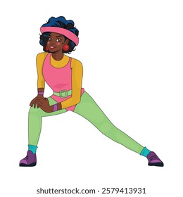 woman with colorful clothes in 70s style, woman doing hip flexor stretches release. vector illustration.